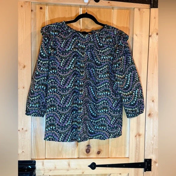 LOFT Ruffled Black Floral 3/4 Sleeve Feminine Blouse  Cotton Tie Back Top - Picture 5 of 13